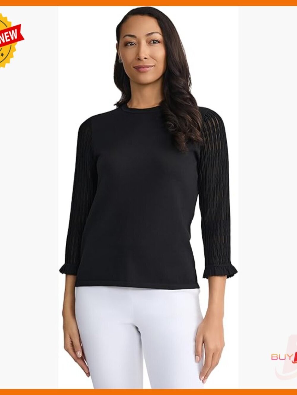 Ruffled Sleeve Crew Neck Knit Top, Flutter Sleeve, Wrinkle-Resistant Fabric